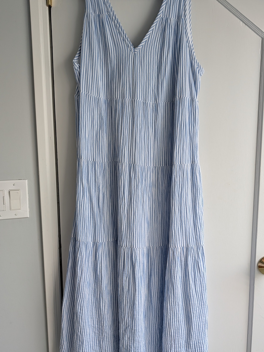 Quince Light Blue and White Striped V-Neck Tiered Maxi Dress